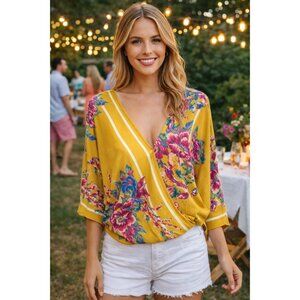 Flying Tomato Floral kimono wrap crop top/Blouse/Shirt MEDIUM Mustard Pink White